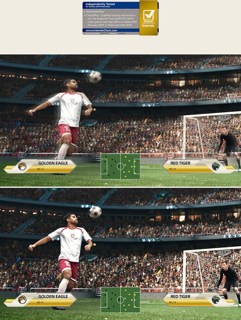 A regular display and fast response time display both show the same image of a soccer game. The display with a 0.1ms response time is noticeably smoother and more realistic.