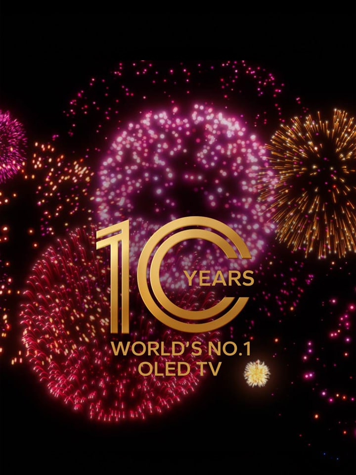 A video shows the 10 Years World's No.1 OLED TV emblem appear gradually against a black backdrop with purple, pink, and orange fireworks.