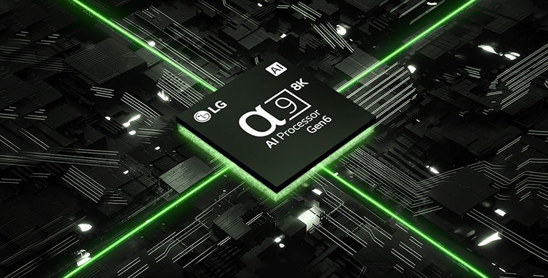 Видео AI-процессора α9 8K Gen6 на печатной плате.  Плата загорается, и чип излучает зеленые огни, обозначающие его мощность.