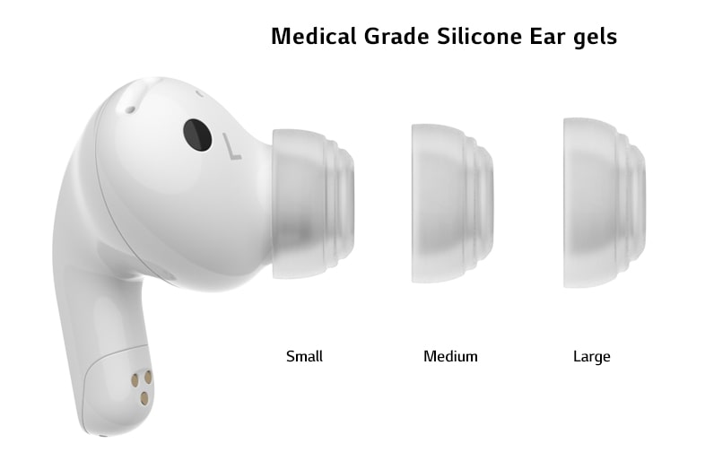 A side view of the earbud with the three sizes of ear gels.