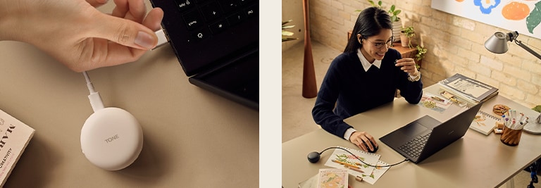 On the left, a hand plugs the cradle into a port. On the right, a woman puts the earbuds in her ear to use Plug and Wireless.
