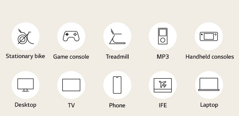 Icons represent the different devices you can use: Stationary bike, Game console, Treadmill, MP3 Player, Handheld consoles, Desktop, TV, Phone, In-flight entertainment, and Laptop.