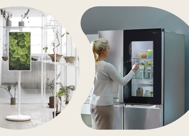 A horizontal collage of five lifestyle scenes arranged in organic rounded shapes on a beige background. From left to right: a bright living room with a large TV showing a mountain landscape, a sofa, rugs, and indoor plants by tall windows; a minimalist room with a standing display screen showing green leaves, surrounded by potted plants; a woman and a young girl in a laundry room holding a basket of clothes in front of a washer and dryer; a family scene in a modern kitchen where a father, mother, and child interact playfully near a washing machine and oven, with decorative garlands hanging above; a close-up of natural elements showing stones, green leaves, and small round pebble-like objects.
