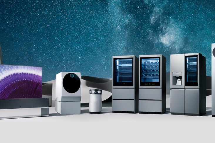 A product showcase featuring a lineup of premium LG home appliances arranged on a light platform against a deep blue cosmic background with stars and a galaxy. From left to right: a curved OLED TV displaying a purple coral-like image, a small white smart speaker, a sleek white robotic device, a black cylindrical speaker, two tall wine cellars with glass doors showing bottles inside, and a large stainless steel refrigerator with a transparent panel.