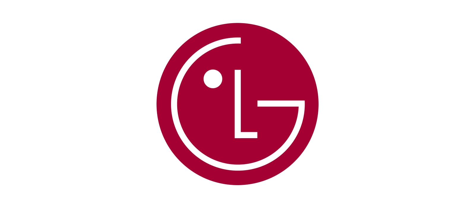 The LG symbol logo on a white background. It consists of a solid red circle containing the white letter "L" forming the nose and "G" forming the outline, with a small white dot representing an eye, creating a stylized smiling face design.
