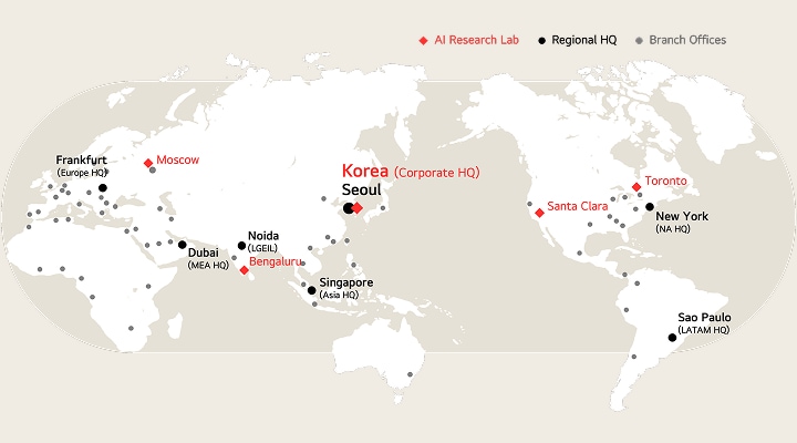 A world map displaying a global corporate network with unlabeled grey dots representing Branch Offices. Black circles denote Regional HQ locations at Frankfurt (Europe HQ), Dubai (MEA HQ), Noida (LGEIL), Singapore (Asia HQ), New York (NA HQ), and Sao Paulo (LATAM HQ). Red diamonds denote AI Research Lab locations at Moscow, Bengaluru, Santa Clara, and Toronto. Korea (Corporate HQ) in Seoul features both a Regional HQ and an AI Research Lab.