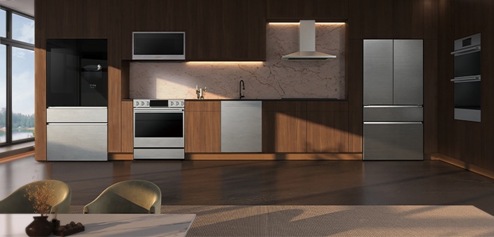 Modern kitchen lineup featuring LG built-in appliances including a French door refrigerator, electric range, over-the-range microwave, dishwasher, range hood, and wall ovens set against dark wood cabinetry and marble backsplash.