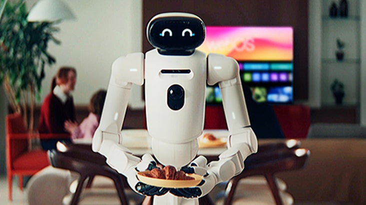 A white humanoid robot stands in a warmly lit living room, holding a wooden plate with croissants in its hands. The robot has a rounded black face display showing two smiling curved eyes, giving it a friendly expression. In the blurred background, a woman and a child are seated at a dining table, and a large TV screen displays a colorful interface with the text "webOS" partially visible. A potted plant and shelves with decorative items are also visible in the background.