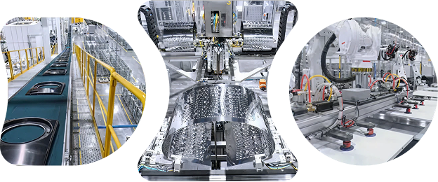 A set of images showing the interior of the LG Electronics Tennessee Plant, with automated production lines and logistics systems in operation, where robots and automated guided systems handle parts transport and assembly processes