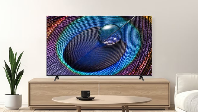 A LG TV sits on a wooden shelf in the living room, its screen vividly displaying a vibrant, colorful peacock feather with water droplets.