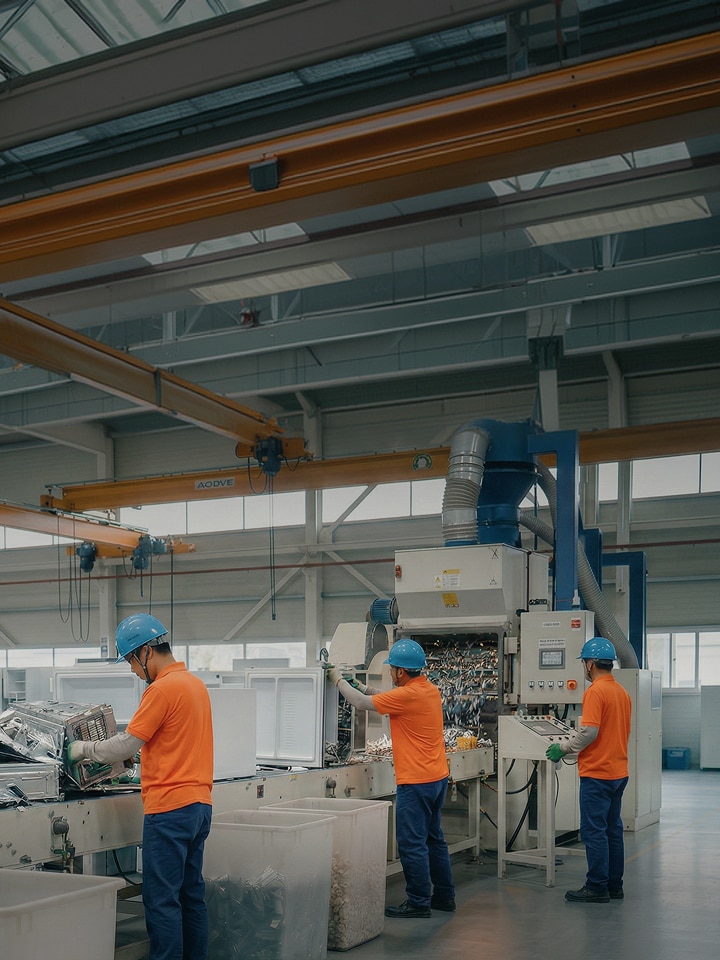 Workers wearing orange t-shirts and blue safety helmets standing at a conveyor belt line in a factory, sorting electronic waste parts and carrying out the recycling process.