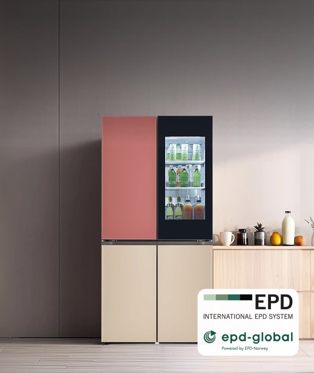 An LG Object Collection refrigerator with multi-colored panels and a glass window. Text indicates it earned EPD-Global & International EPD certifications, with the official EPD logo at the bottom right
