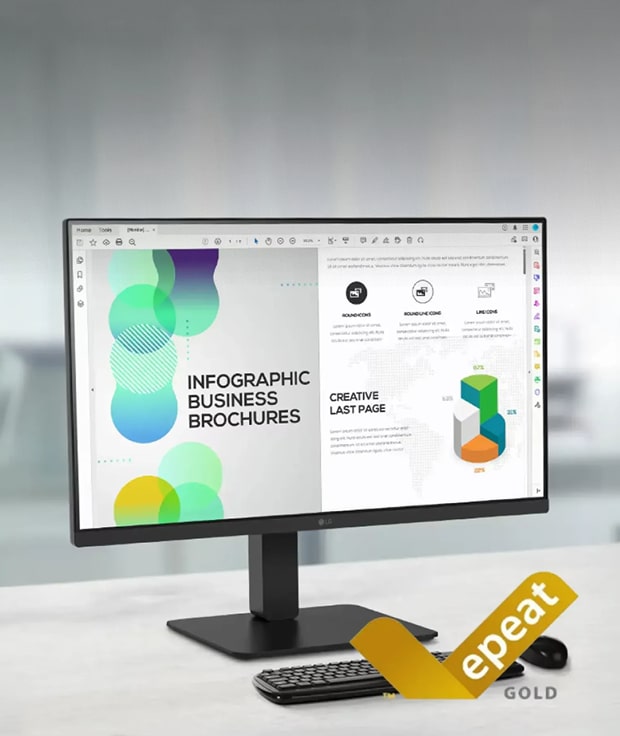 LG monitor on a desk with an EPEAT Gold certification logo in the bottom right corner.