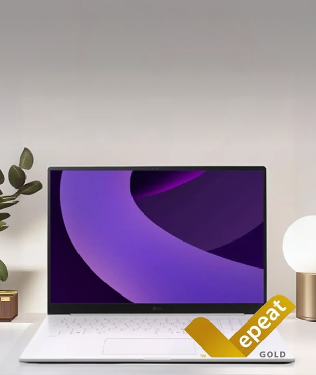 LG gram Pro AI laptop on a desk with an EPEAT Gold certification logo in the bottom right corner.