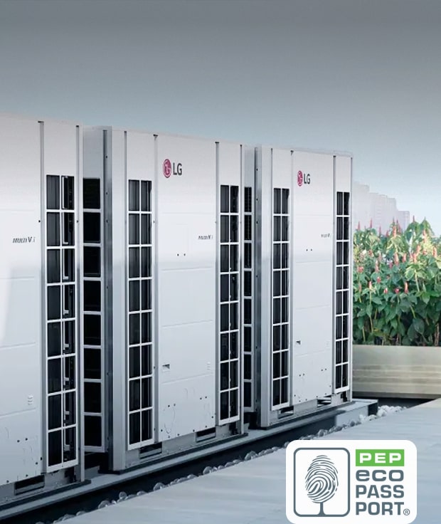 Multiple LG MULTI V outdoor units installed on a rooftop. The image includes text stating it "Earned PEP ecopassport® certification" along with the corresponding certification logo