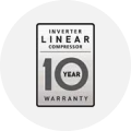 Badge indicating a 10-year warranty for the Inverter Linear Compressor