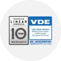 Image showing a 10-year warranty badge for the Inverter Linear Compressor and a VDE certification mark for the Direct Drive motor with a certified 20-year lifespan