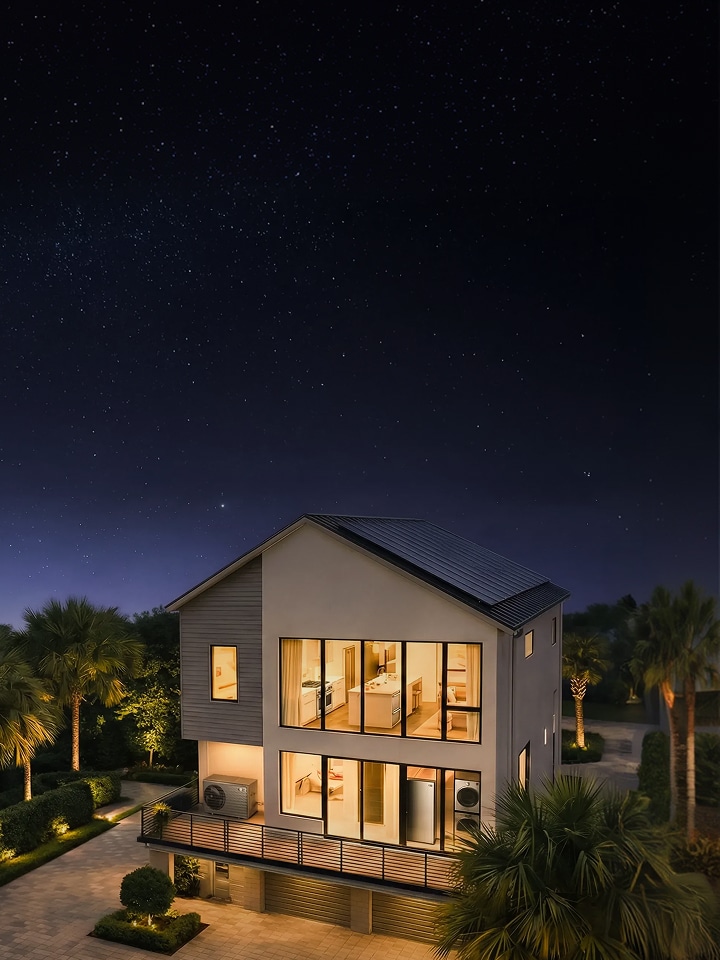 A panoramic view of a two-story house illuminated under the night sky. An outdoor air conditioning unit is installed on the terrace, and various home appliances such as a refrigerator, washing machine, and dryer are visible inside the house through large glass windows.