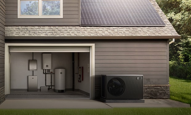 A scene of a house with rooftop solar panels and energy storage and heat pump systems installed in the garage, illustrating a home energy management environment focused on improving energy efficiency and using renewable energy