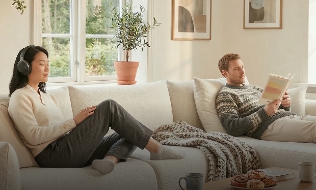 A scene of two people relaxing on a living room sofa, one reading and the other resting, illustrating a comfortable and stable home environment with reduced noise and harmful factors