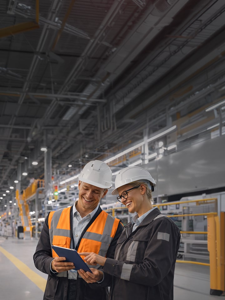A spacious, brightly lit manufacturing plant interior equipped with industrial machinery. On the right, two workers wearing white hard hats, safety glasses, and high-visibility workwear are looking together at a tablet device.