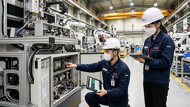 Image of a specialist checking mechanical equipment with a tablet