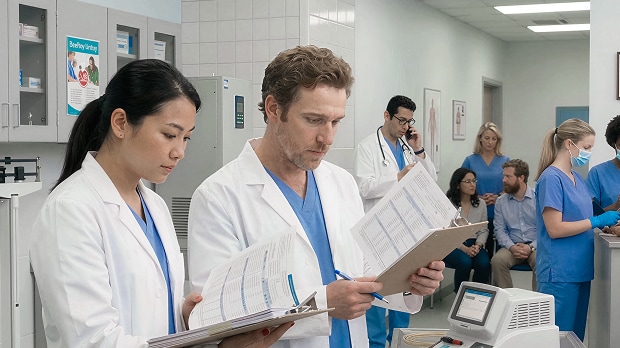 Image of medical staff reviewing documents and discussing