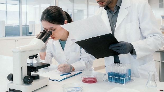 Image of a researcher analyzing with a microscope and lab tools