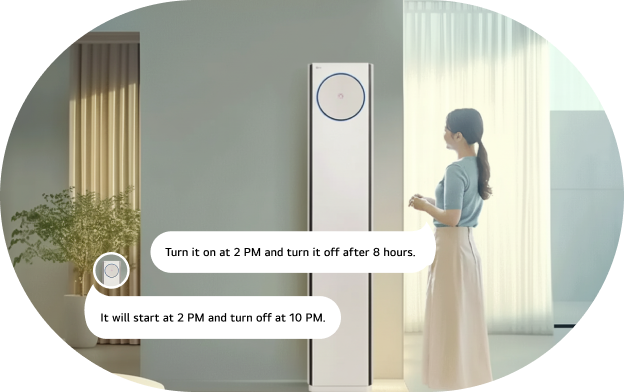 A person setting a scheduled operation for an LG air conditioner by voice command, such as “Turn it on at 2 PM and set a timer for 8 PM”