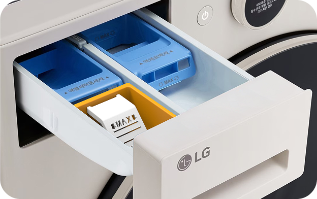 Color-coded detergent drawer design that helps users with low vision or senior users easily identify the detergent compartments and the appropriate amount in washing machines