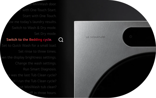 LG washer-dryer screen showing voice control from door opening to cycle selection