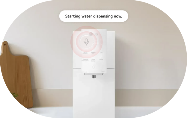 Close-up of LG water purifier displaying 'Starting water dispensing now.' with audio guidance indication.