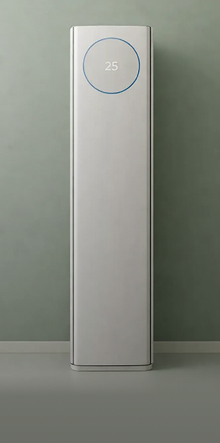 Standing air conditioner against a sage green wall
