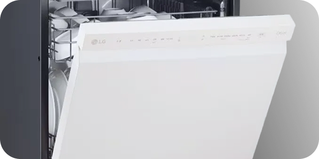 A white LG dishwasher with its door slightly ajar, showing dishes inside, demonstrating the Auto Open Dry feature.