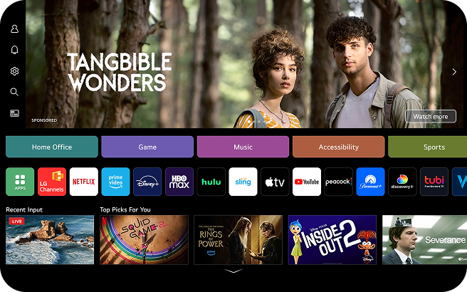 Smart TV home dashboard featuring a main content banner, categorized menus including 'Accessibility', and various streaming app icons for easy navigation.