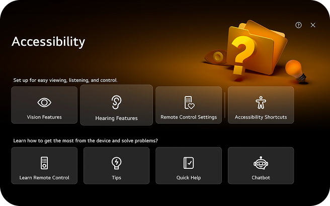 Accessibility main menu showcasing various support options including Vision/Hearing Features, Remote Control Settings, Accessibility Shortcuts, and help tools like Chatbot.