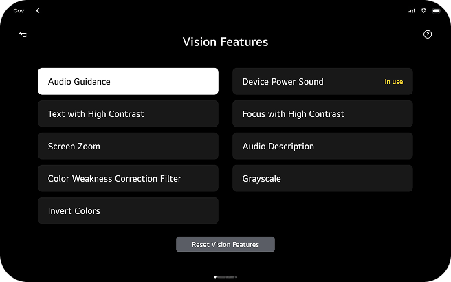 Vision Features menu offering diverse options such as Audio Guidance, High Contrast Text/Focus, Screen Zoom, and Color Weakness Correction Filters.