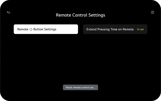 Remote Control Settings screen featuring options to customize button settings and extend pressing time for easier physical control.