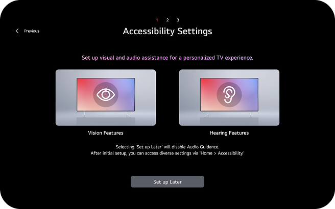 Accessibility settings screen for personalized TV experience, featuring menu options for Vision Features and Hearing Features with illustrative icons.