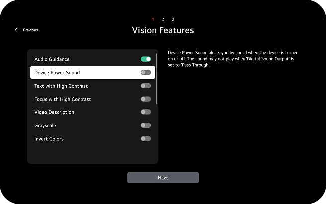 Vision Features setup screen for initial TV configuration, displaying toggle options for Audio Guidance, Device Power Sound, Text with High Contrast, and Focus with High Contrast.