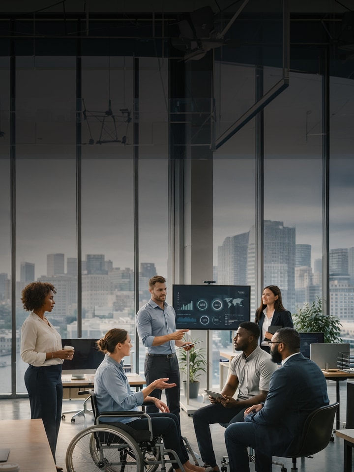An office interior with large glass windows overlooking a city skyline. A diverse group of people, including a person using a wheelchair, are gathered in front of a monitor displaying data charts, engaging in a discussion.