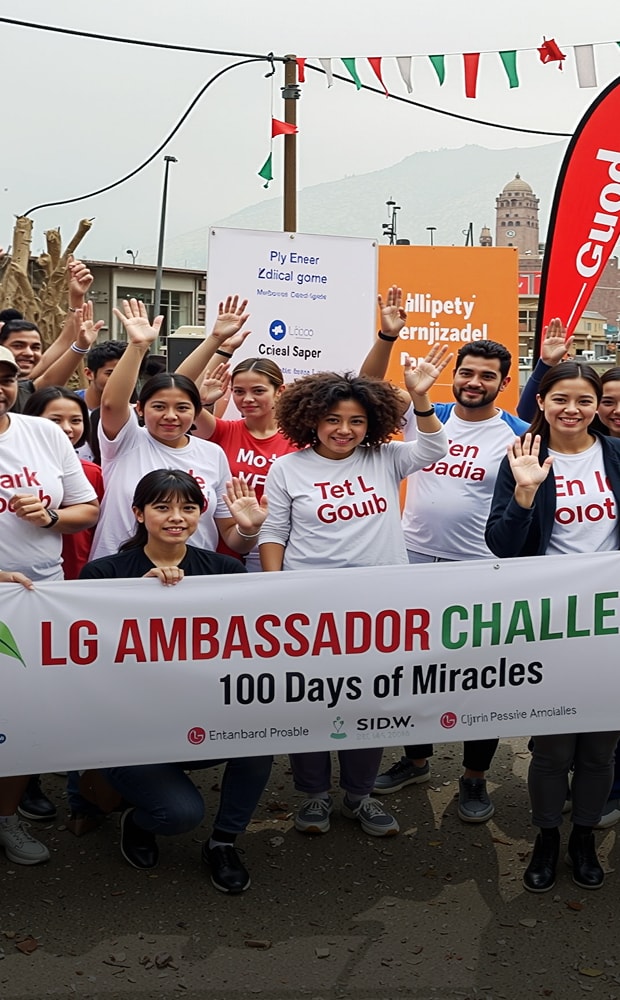 LG Ambassadors waving and posing together with a banner at the “LG Ambassador Challenge” event.