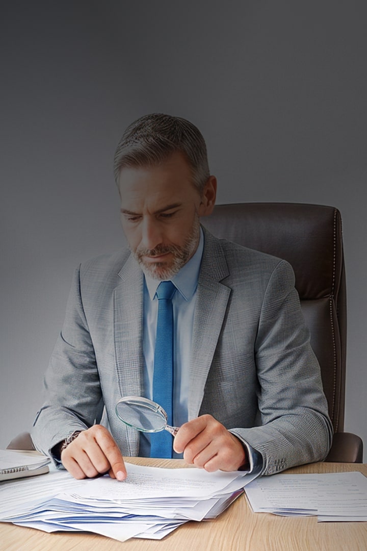 A man in a suit examining documents on a desk with a magnifying glass