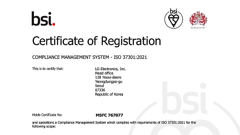 Certificate of Registration for Compliance Management System (ISO 37301:2021) issued by BSI to LG Electronics, Inc. The certificate covers the head office located at 128 Yeoui-daero, Yeongdeungpo-gu, Seoul, with certificate number MSFC 767077.