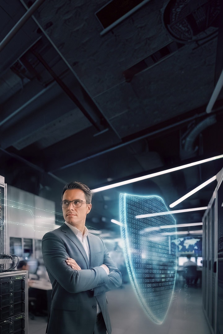 A man in a suit and glasses standing with his arms crossed next to a glowing digital shield graphic