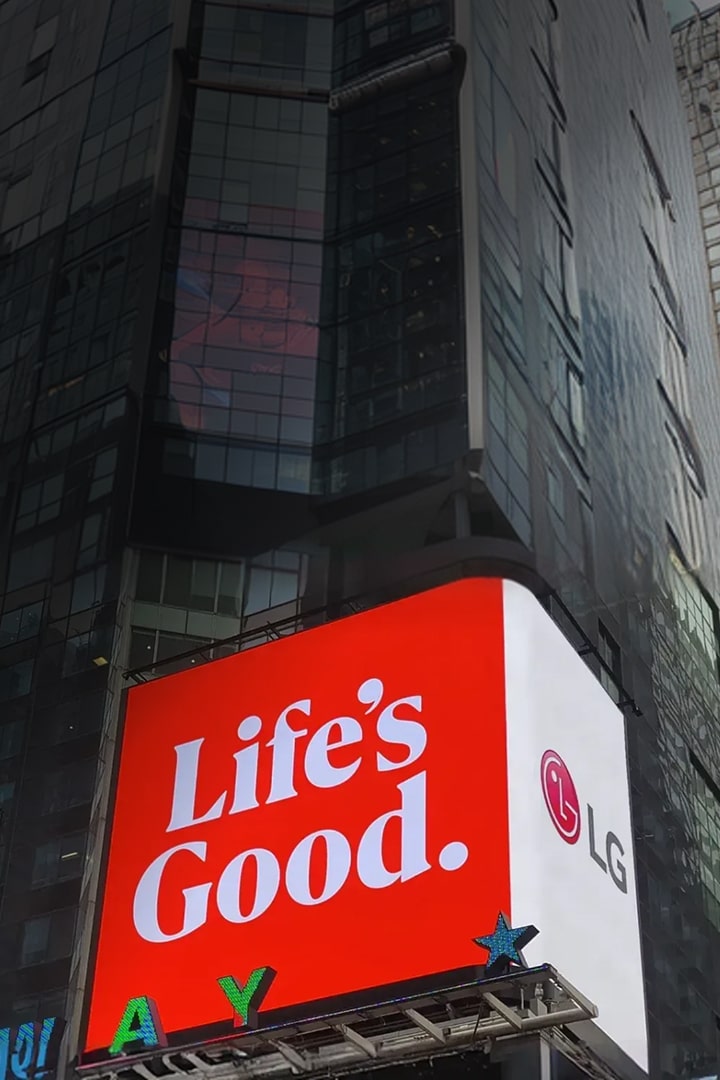 LG's brand slogan 'Life's Good' and the LG logo displayed on the LG Hope Screen in a city center