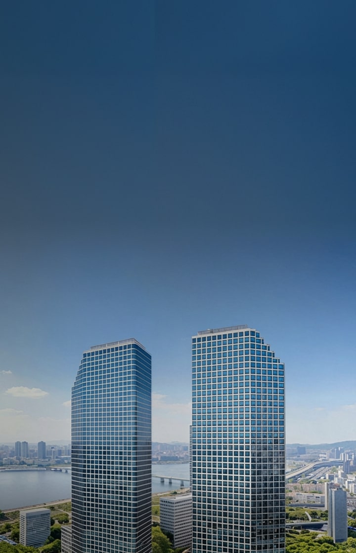 A background image displaying a wide view of the Han River and the downtown skyline under a clear sky. Positioned on the right side of the screen are the LG Twin Towers, consisting of two adjacent high-rise buildings with full glass facades.