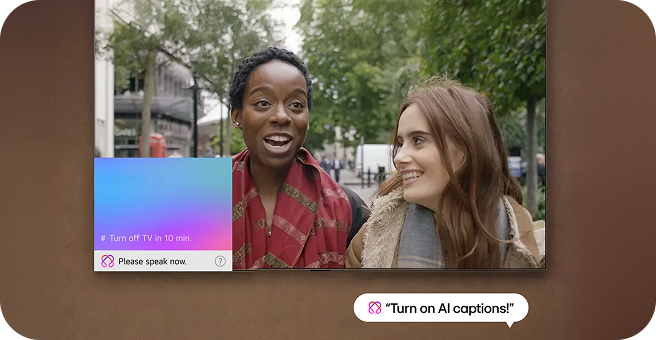 A sequence showing a video of two people talking on a street, first displaying the texts “# Turn off TV in 10 min.” and “Please speak now.”, then a speech bubble saying “Turn on AI captions!”, followed by a smartphone screen showing “We’re analyzing the TV audio to generate AI captions.”, and finally a scene where captions appear on the TV while the smartphone shows “Enjoy smarter viewing with AI captions.”, “AI captions.” and a settings screen with language options “English” and “한국어”