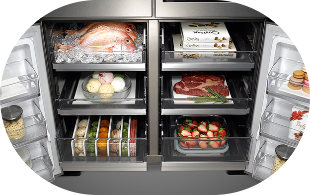 A scene showing the use of the Auto Smart Drawer feature, with the freezer door open and the internal drawers automatically sliding out to reveal the stored items