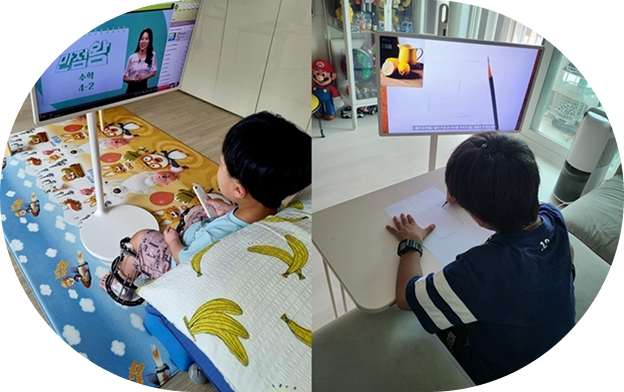 A split circular image showing two children studying with an LG StanbyME screen, one lying on a bed and the other sitting at a desk, illustrating a learning environment that allows study in different postures or limited mobility situations